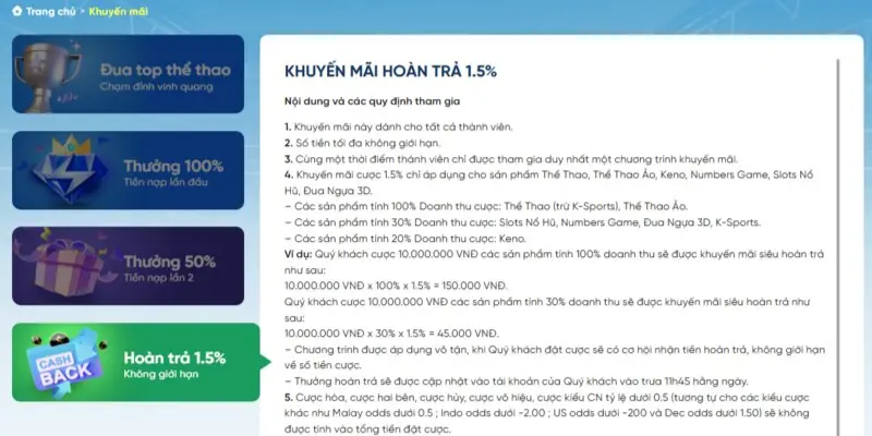 Khuyến mãi 8live hoàn trả không giới hạn 1.5%